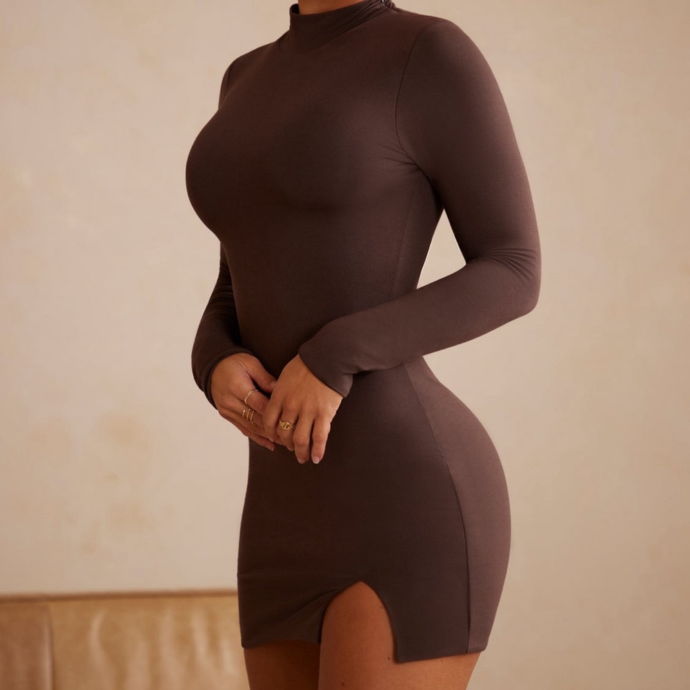 Oh Polly Bindi High Neck Long Sleeve Mini Dress in Chocolate